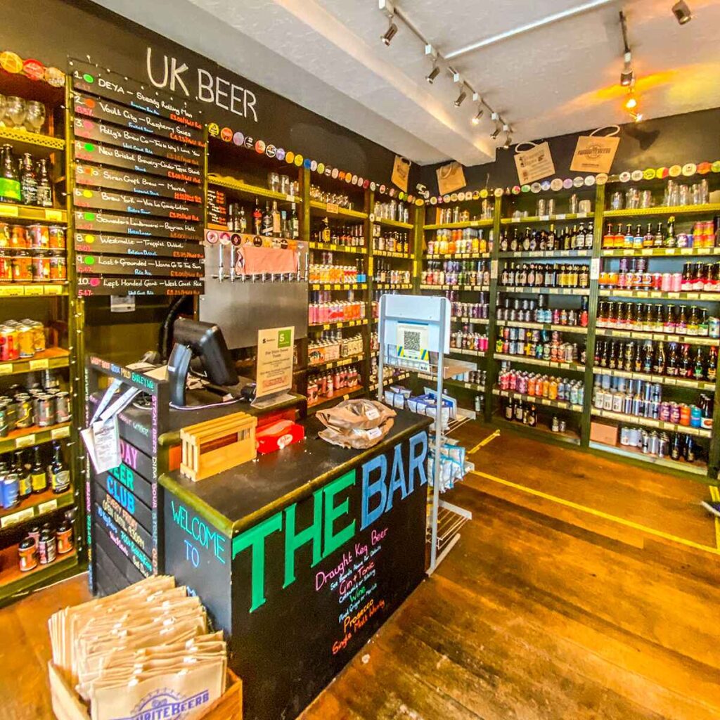 The inside shop counter of Favourite Beers in Cheltenham.