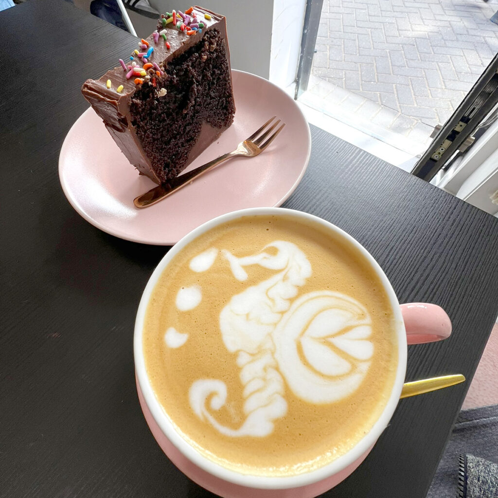 Chocolate fudge cake and coffee at Pause