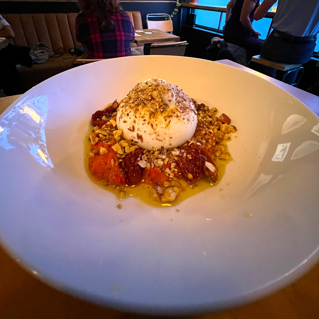 Burrata at Cork and Cage, Best Restaurants in Stirchley Birmingham