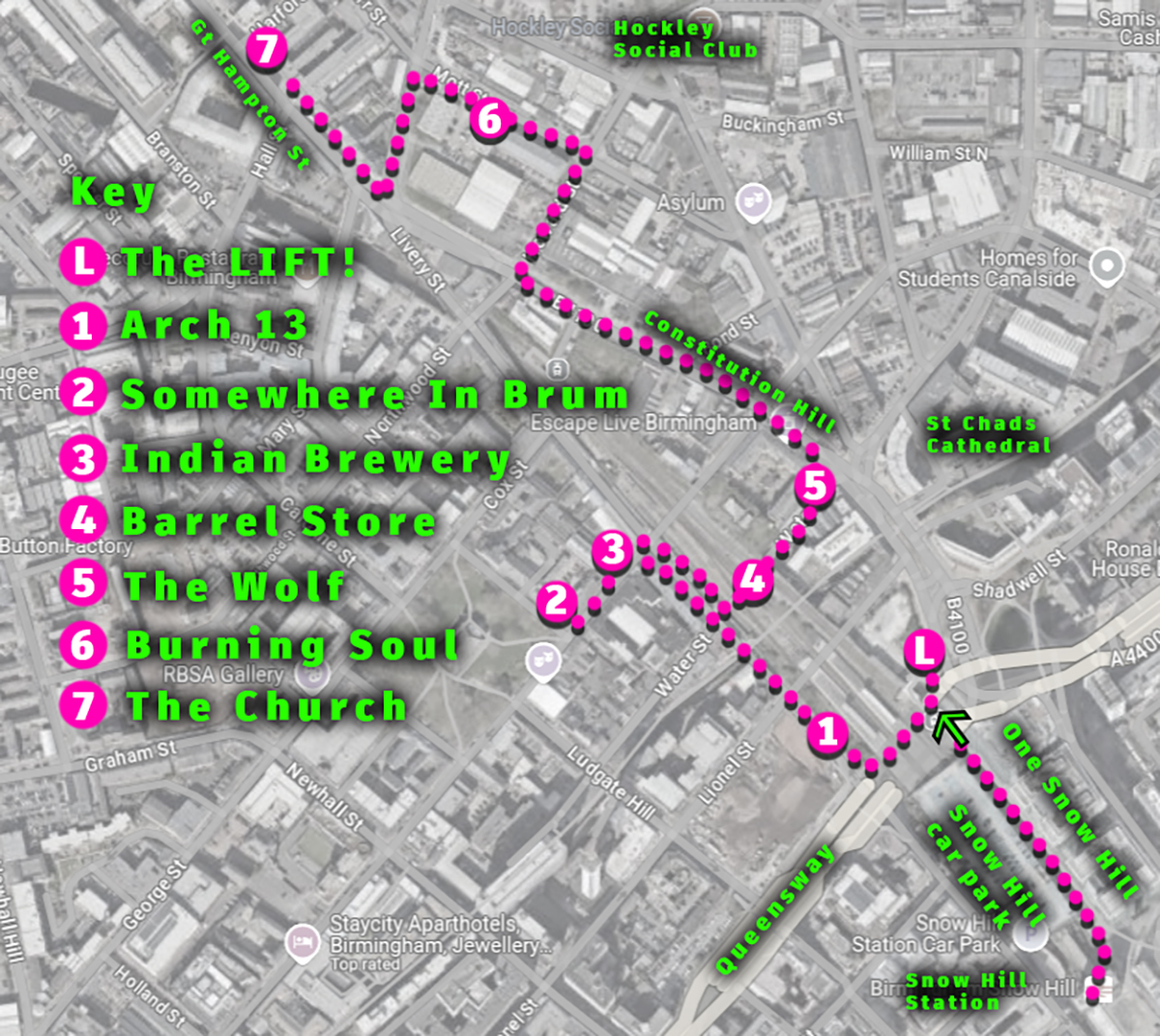 a map of the crawl through Pubs in Hockley Birmingham